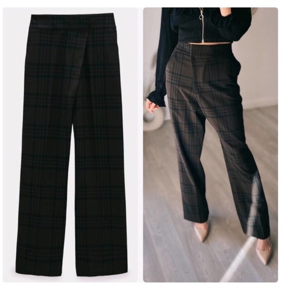 Zara Pants - NWT ZARA Plaid Wide Leg Asymmetrical Waist Trousers S Brown